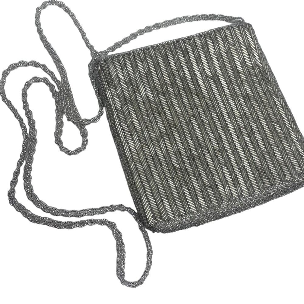 Beaded Silver Metallic Evening Bag with Chain Shoulder Strap Zip Closure Small